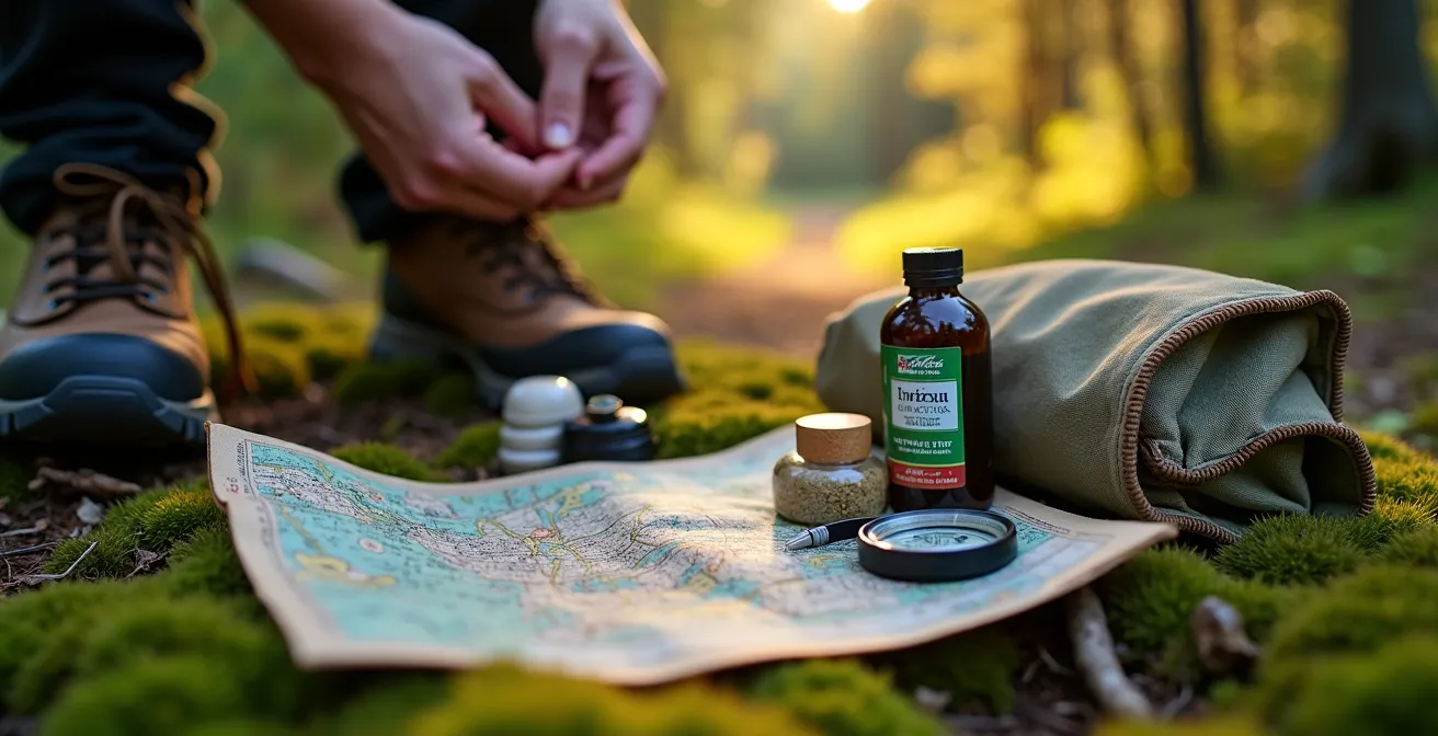 Équipement de sécurité pour randonnée en forêt boréale disposé sur mousse