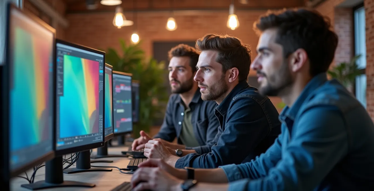 Développeurs travaillant dans un studio de jeu vidéo moderne à Montréal