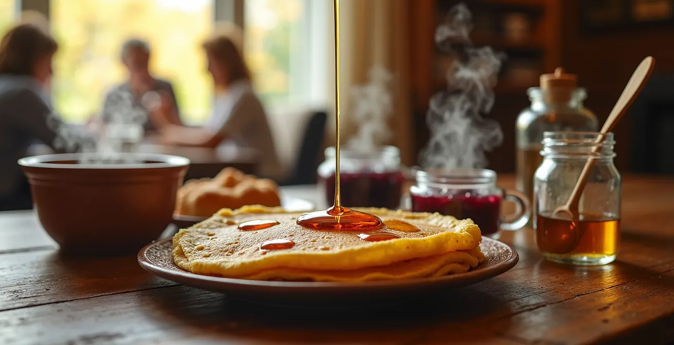 Grande table de petit-déjeuner conviviale garnie de spécialités québécoises dans un gîte traditionnel