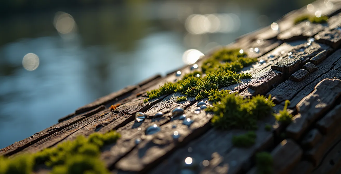 Vue macro de textures d'écorce et de bois flotté avec gouttes d'eau