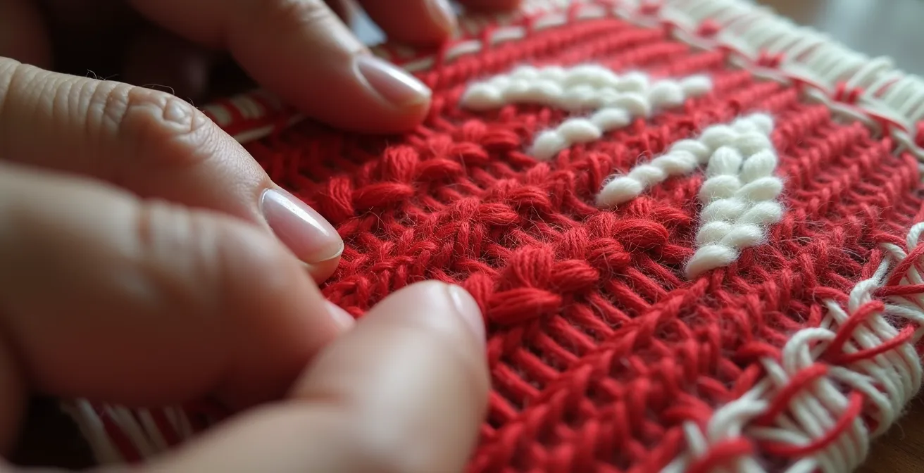 Mains tissant une ceinture fléchée traditionnelle sur un métier à tisser