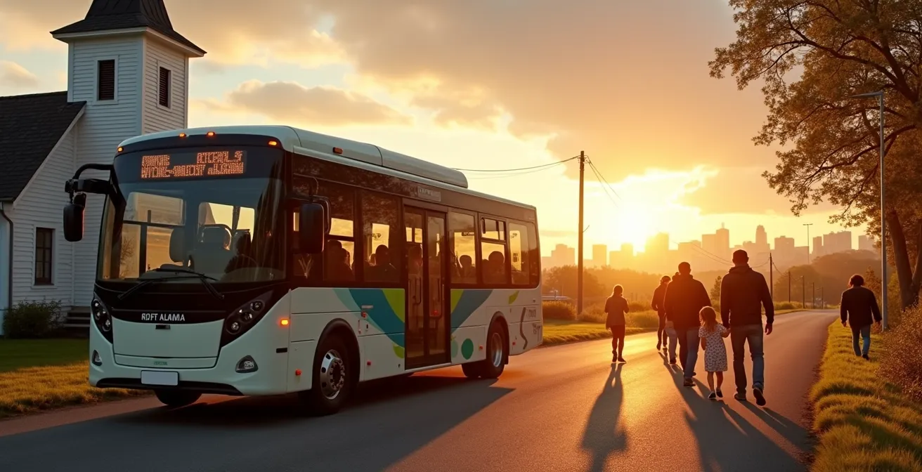 Minibus moderne dans un village québécois rural, illustrant le concept de transport à la demande.