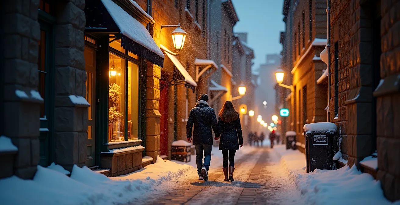 Rue enneigée du Vieux-Québec avec éclairage chaleureux et architecture historique