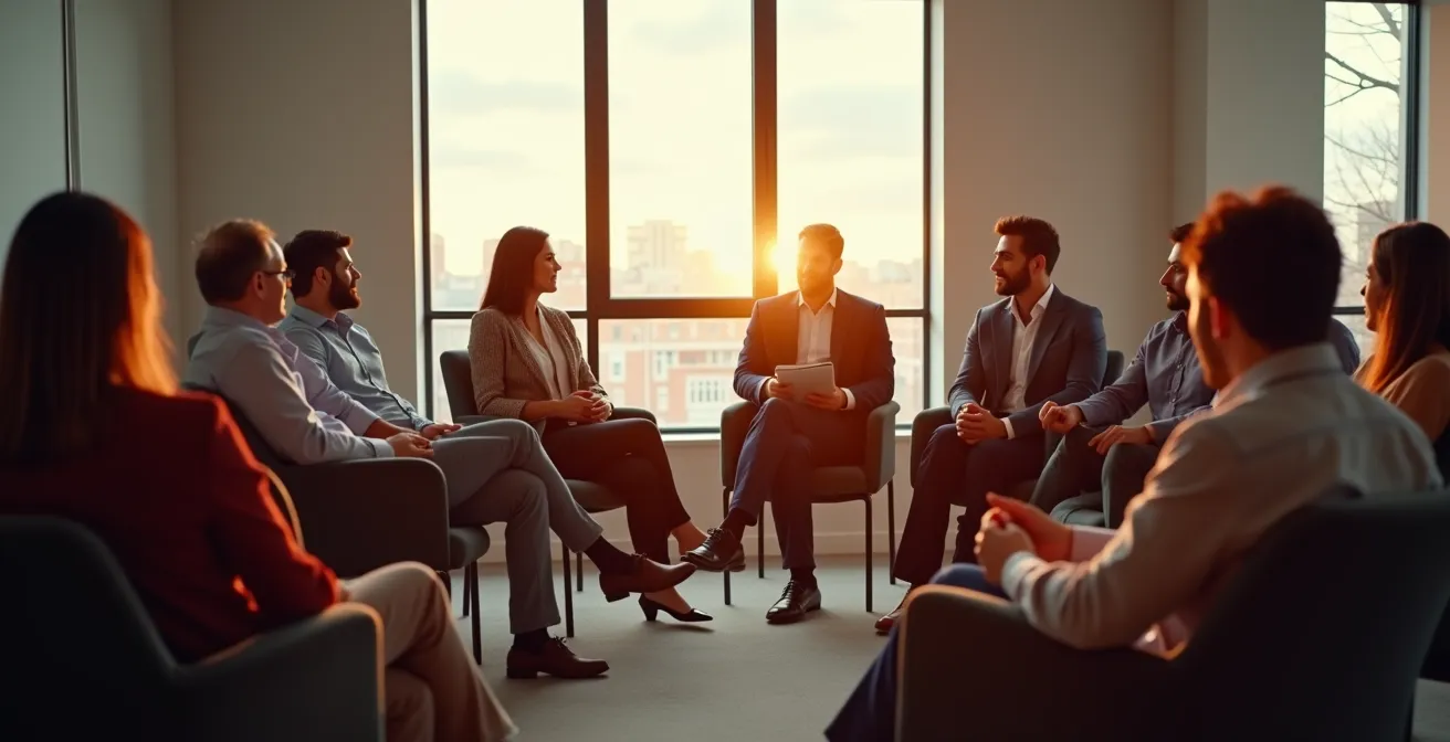 Salle de réunion moderne et lumineuse où des résidents de divers âges sont assis en cercle et discutent de manière constructive lors d'une assemblée de copropriété.