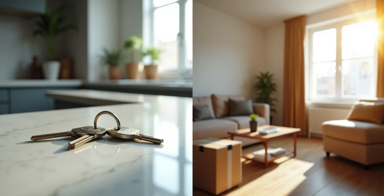 Composition divisée montrant deux intérieurs : un condo moderne et lumineux à gauche, et un appartement locatif confortable avec des boîtes de déménagement à droite