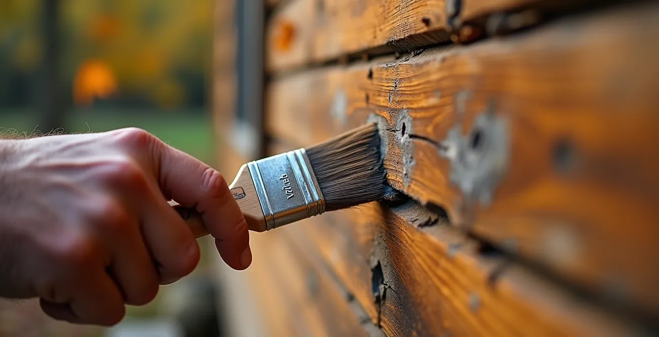 Propriétaire préparant son chalet pour l'hiver dans un paysage automnal québécois