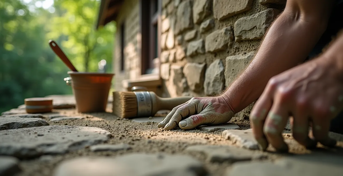 Artisan maçon travaillant sur la restauration d'un mur de pierre avec technique traditionnelle de joints à la chaux